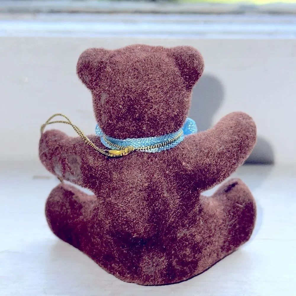 Vintage EH brand flocked‎ brown bear Christmas tree ornament